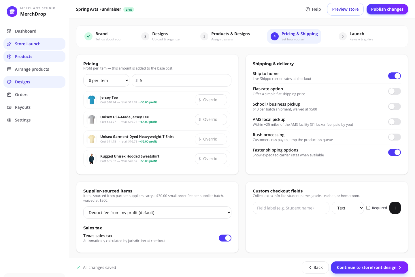 Actual AMS Pricing and Shipping screen showing organizer profit, per-product cost and retail estimates, delivery choices, tax, and custom checkout fields.