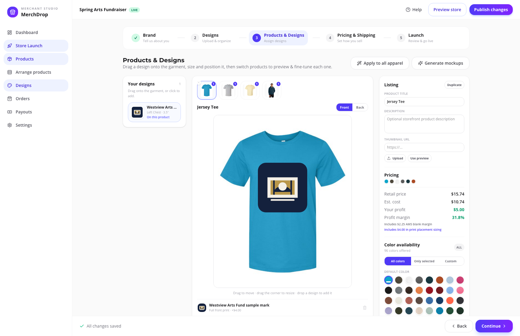 Actual AMS Products and Designs screen showing four active catalog garments, artwork placement controls, retail price, estimated cost, and estimated profit.