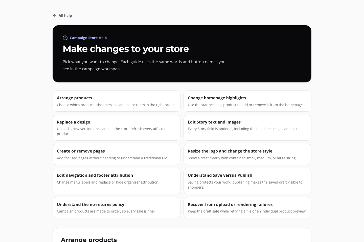 Actual AMS Campaign Store help center showing task-based setup and publishing guides