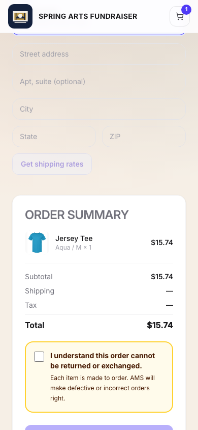 Actual mobile checkout for the fictional Westview sample store showing a populated order, nonzero totals, delivery choice, and final-sale acknowledgement with payment disabled.