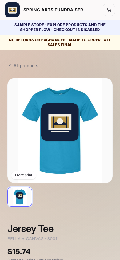 Actual mobile product page for the fictional Westview sample store showing the decorated garment, store policies, product name, and current configured retail price.